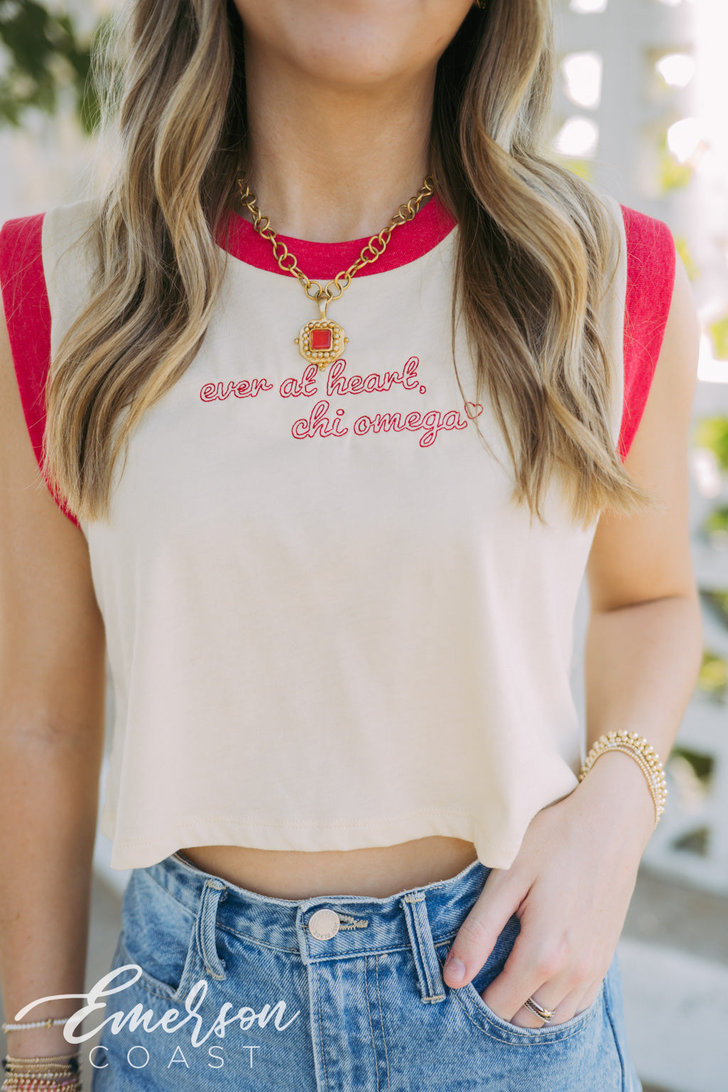 Chi Omega Embroidered Ringer Tee
