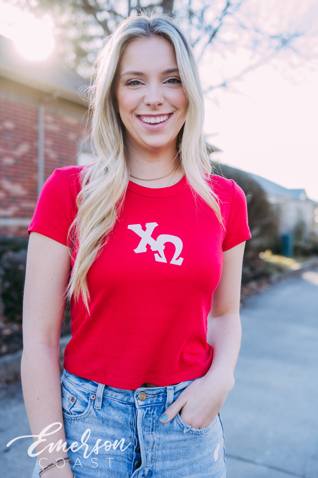 Chi Omega Red Letter Baby Tee