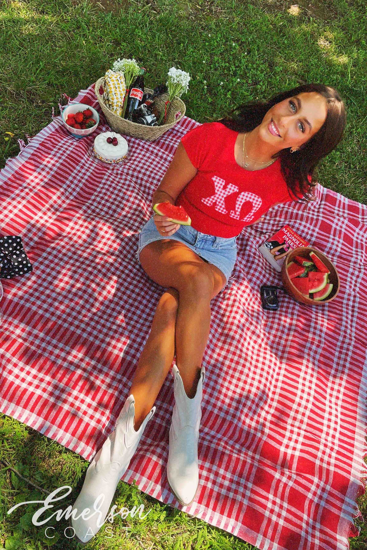 Chi O Red Gingham Letter Baby Tee