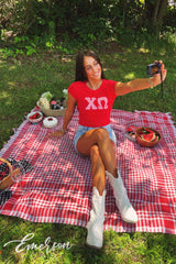 Chi O Red Gingham Letter Baby Tee