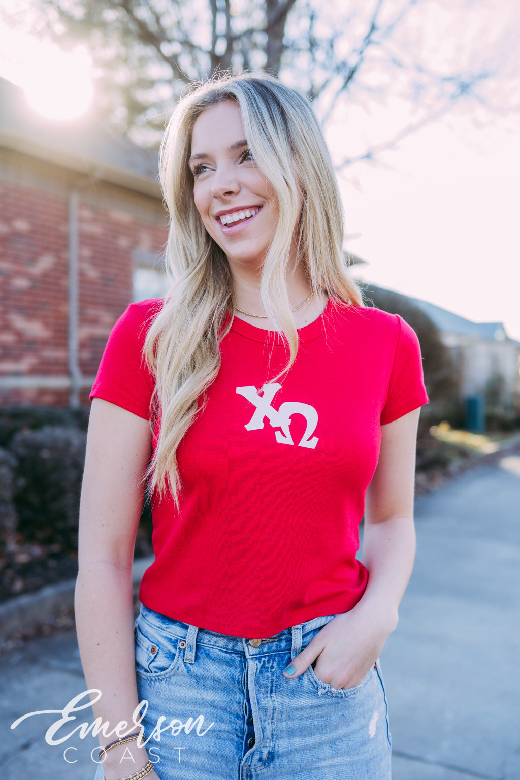 Chi Omega Red Letter Baby Tee