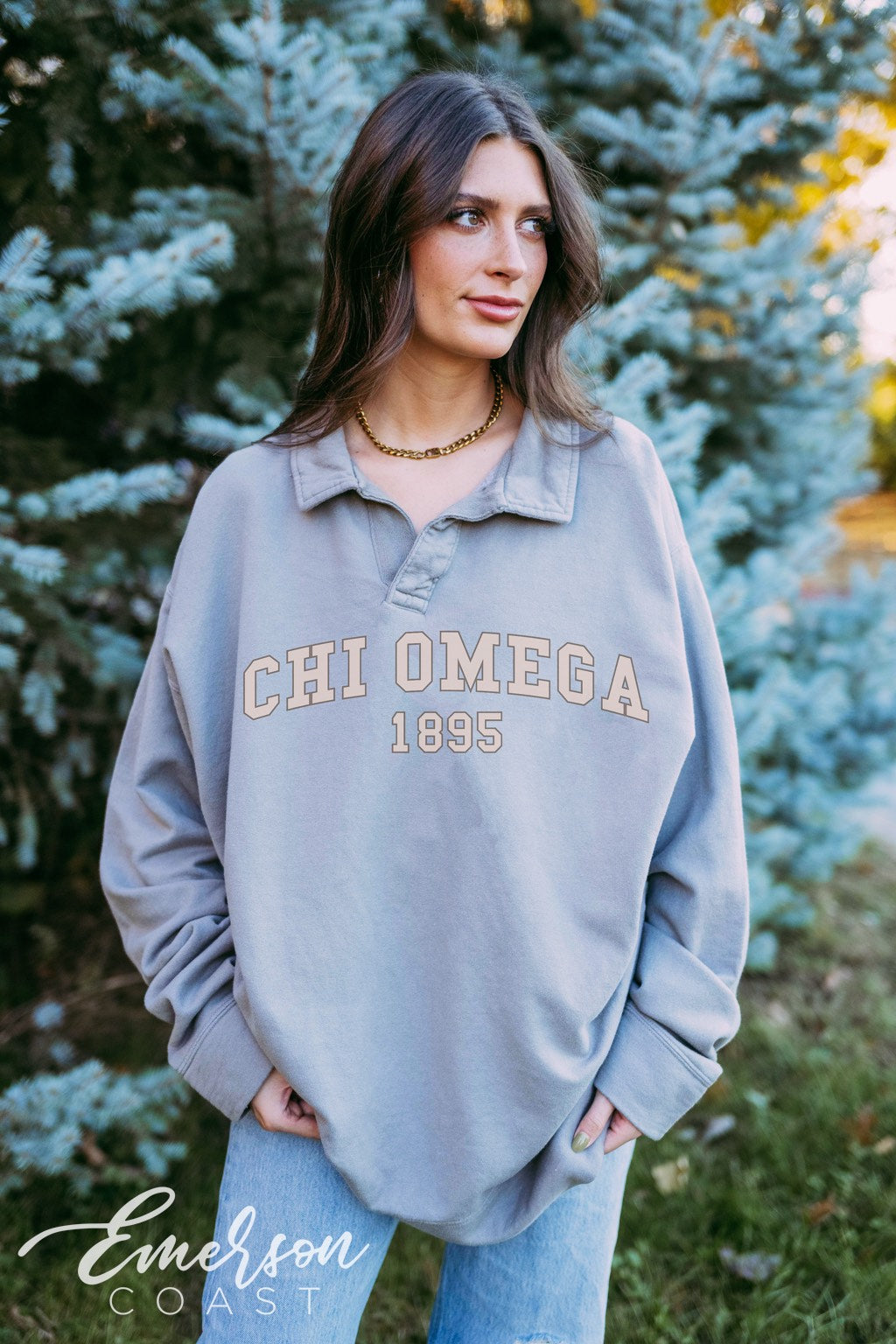 Chi Omega Gray Year Oversized Collared Crew