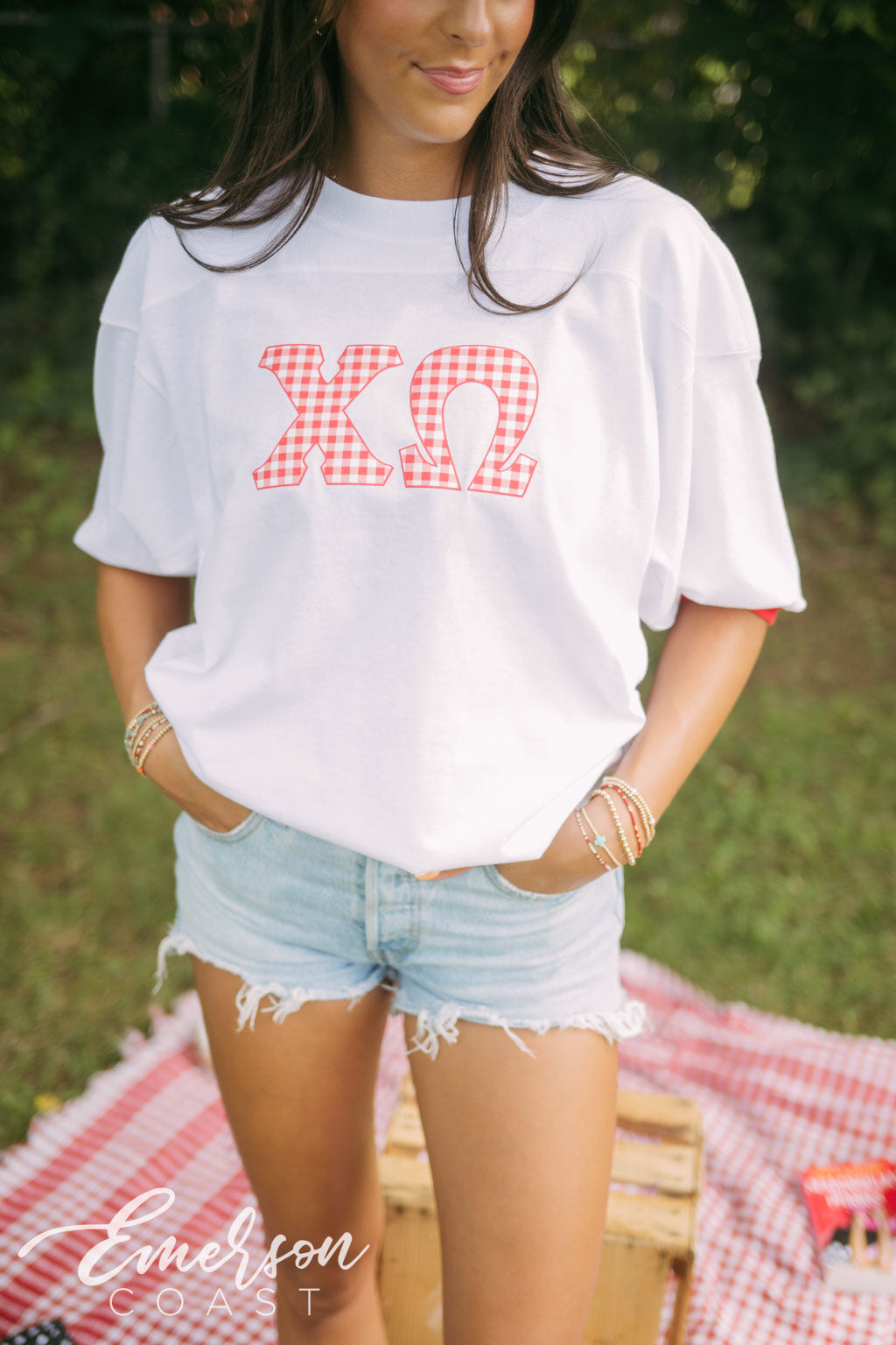 Chi O Gingham Print Letter Jersey