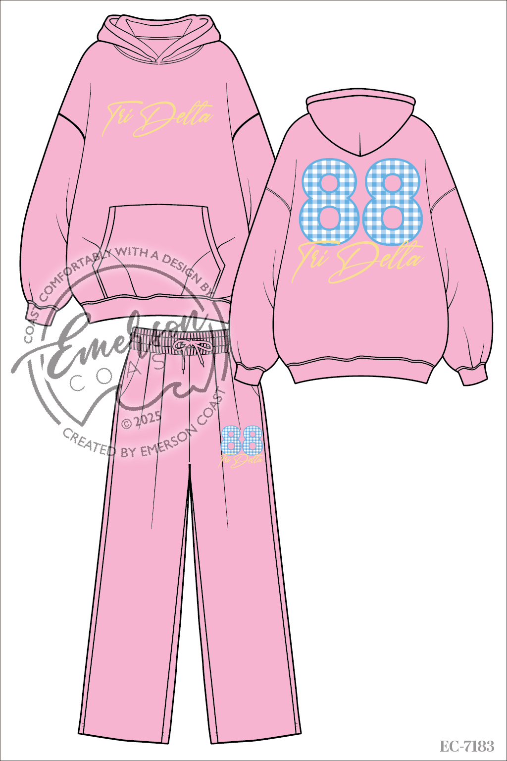 Tri Delta Pink Embroidered Matching Hoodie and Wide Leg Set