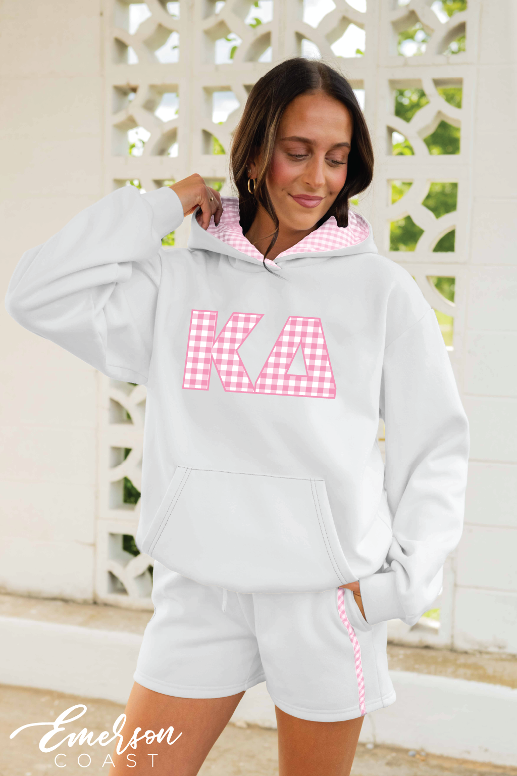 Kappa Delta Pink Checkered Patchwork Hoodie and Shorts Set