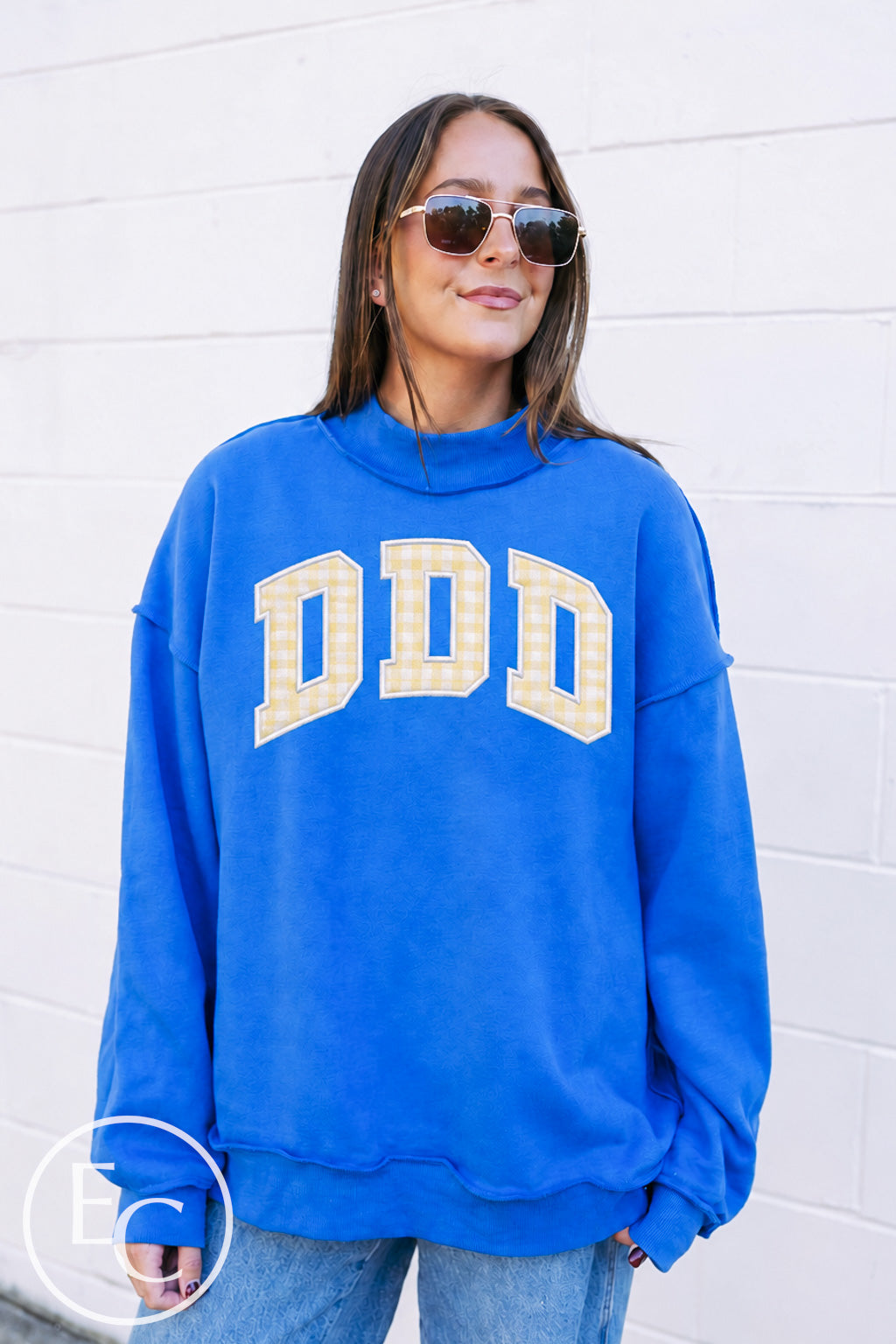 Tri Delta Yellow Gingham Applique Blue Mockneck