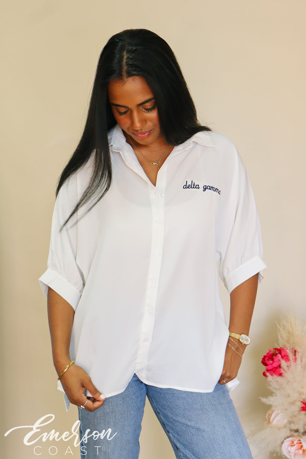 Delta Gamma 3/4 Sleeve Embroidered Top