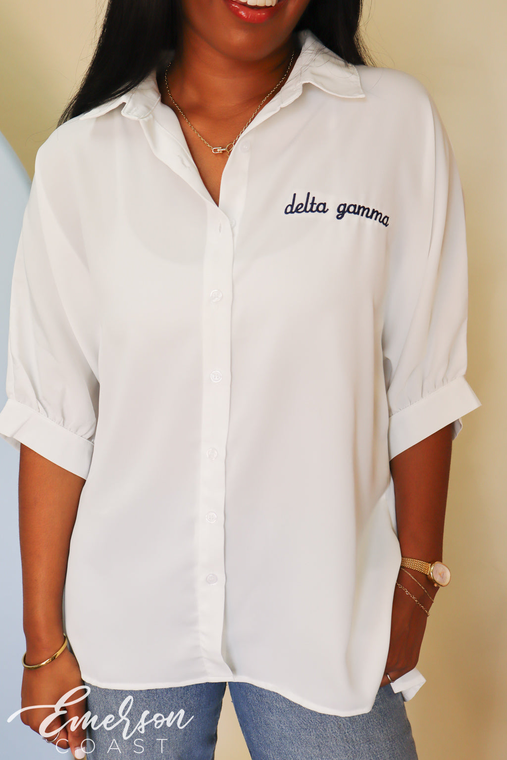 Delta Gamma 3/4 Sleeve Embroidered Top