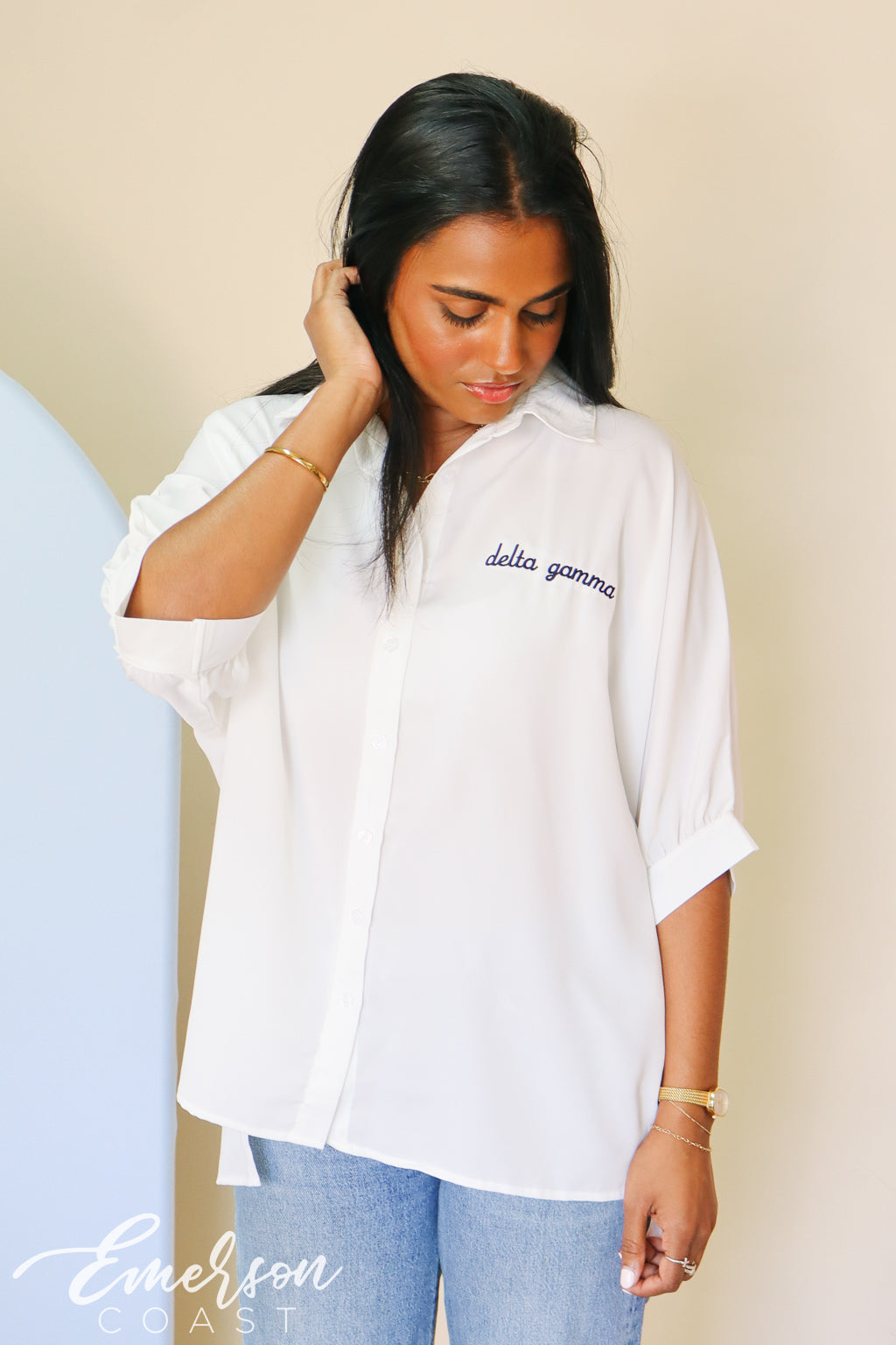 Delta Gamma 3/4 Sleeve Embroidered Top