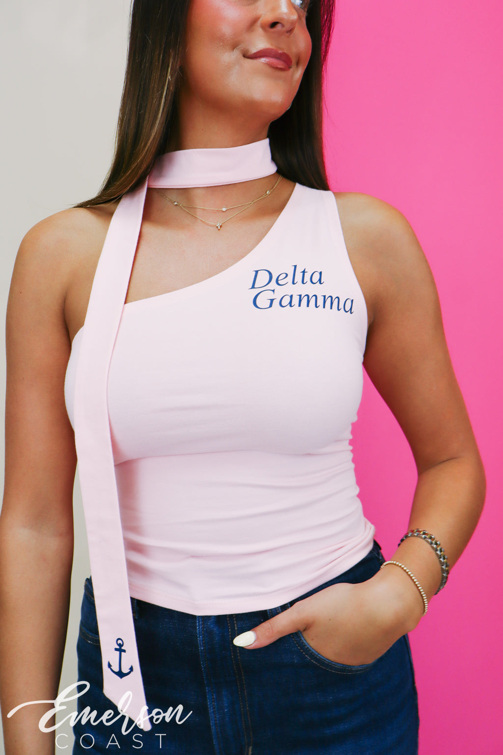 Delta Gamma Light Pink One Shoulder Tank