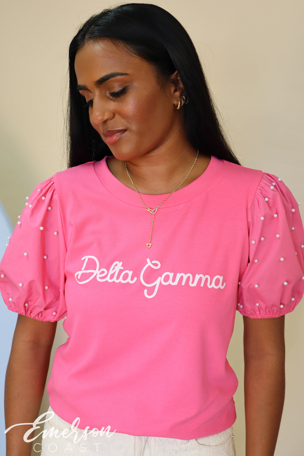 Delta Gamma Pearl Puff Sleeve Top
