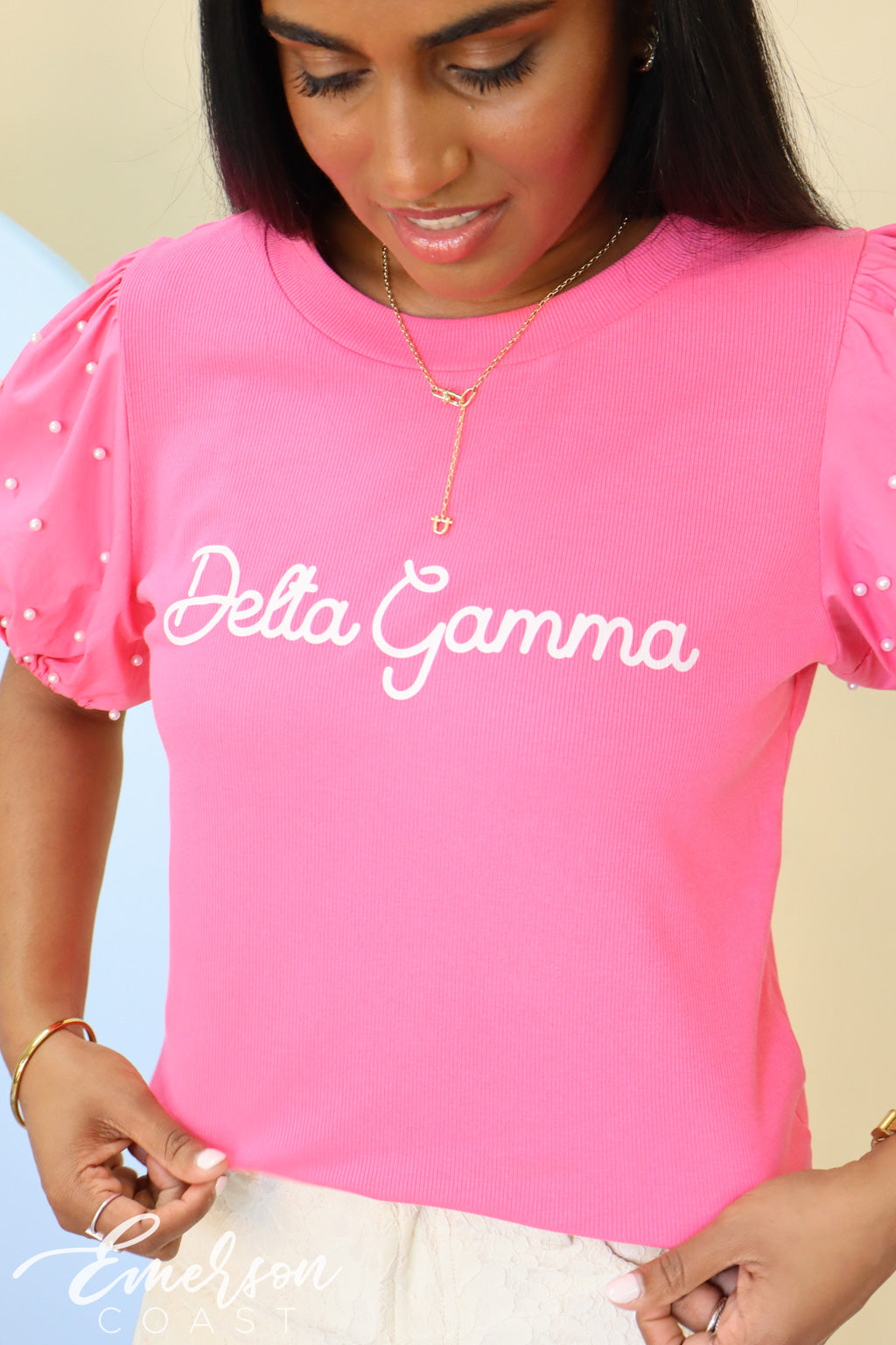 Delta Gamma Pearl Puff Sleeve Top
