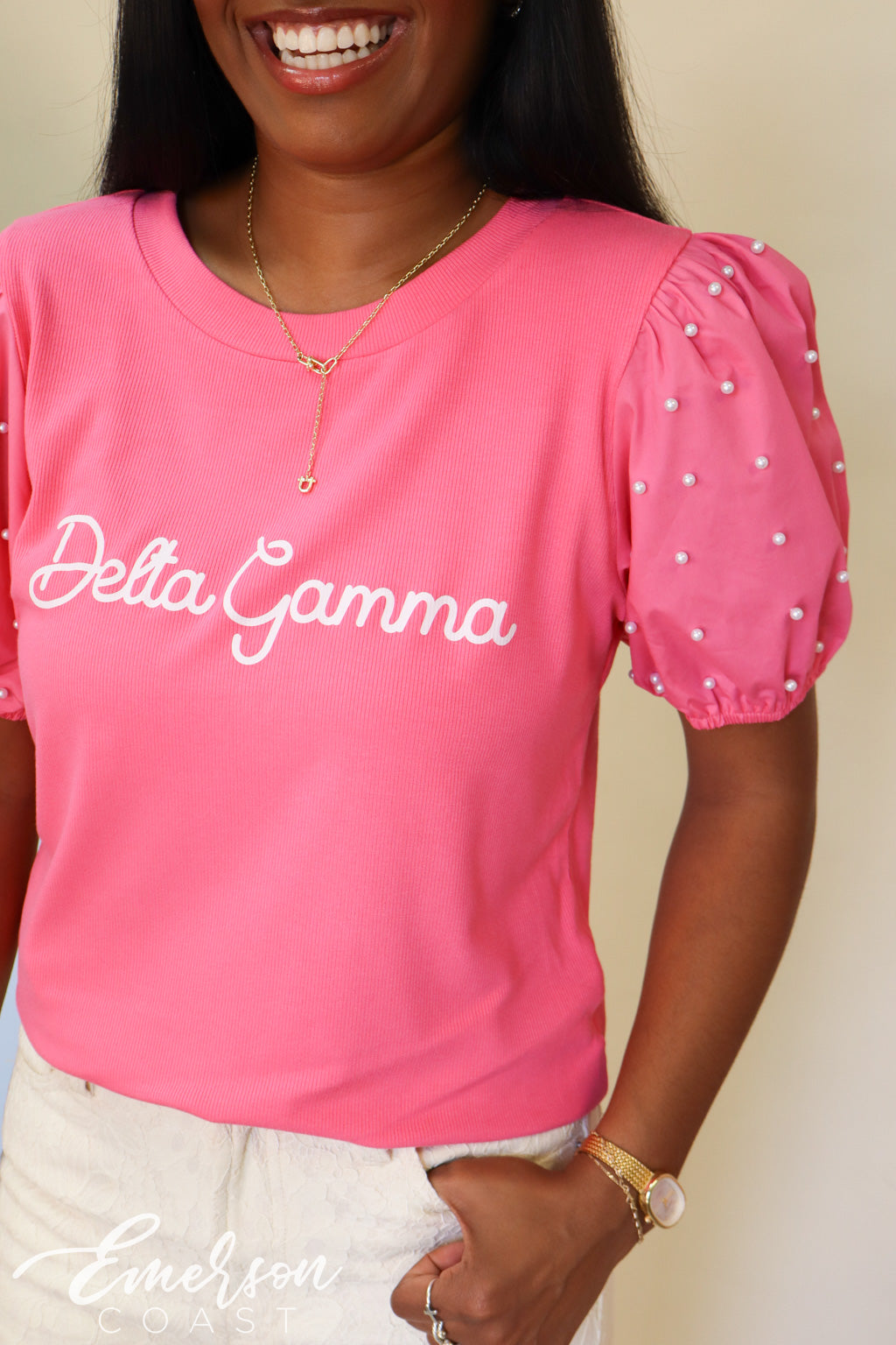Delta Gamma Pearl Puff Sleeve Top