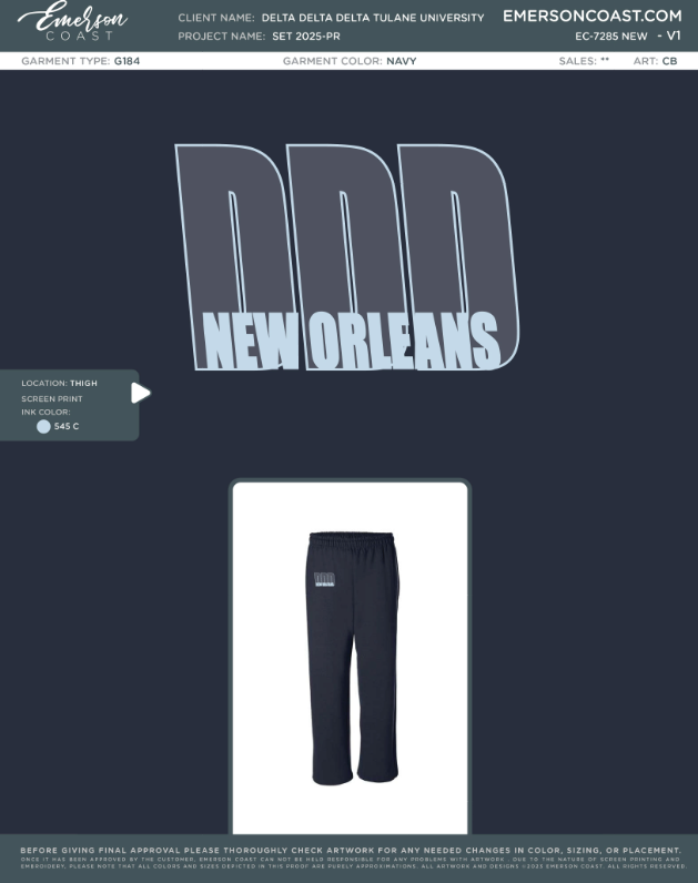 EC-7285 NEW Delta Delta Delta Tulane University Set 2025-PR - Sweatpants