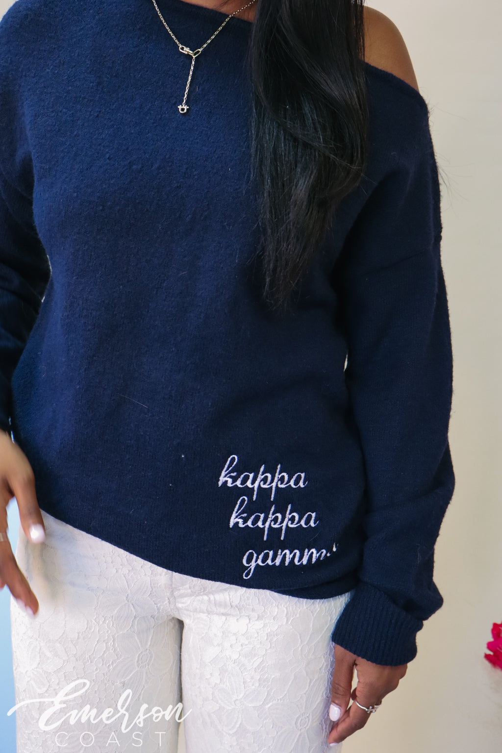 Kappa Navy Embroidered Off Shoulder Sweater