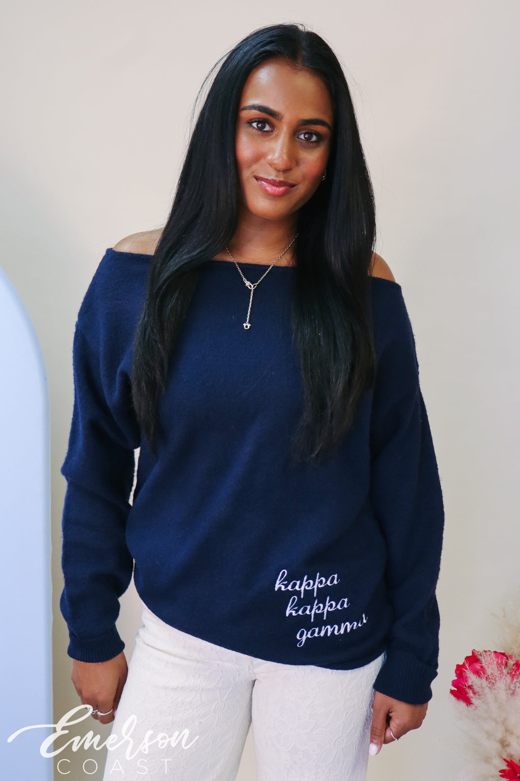 Kappa Navy Embroidered Off Shoulder Sweater