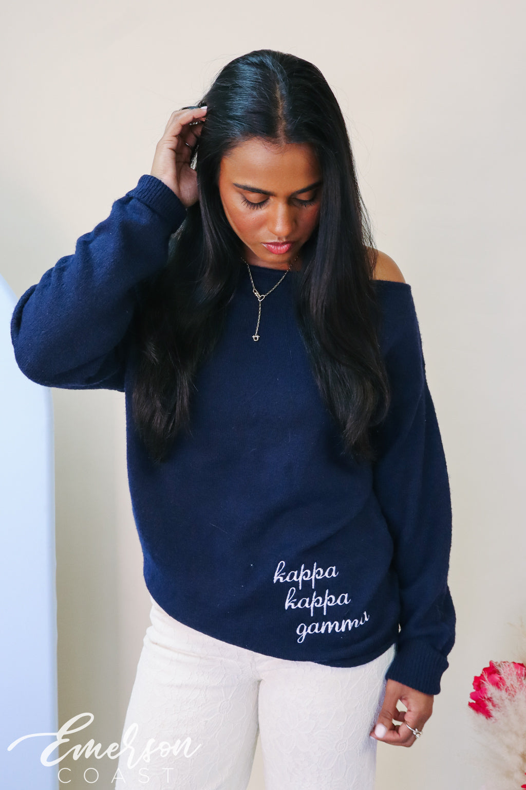 Kappa Navy Embroidered Off Shoulder Sweater