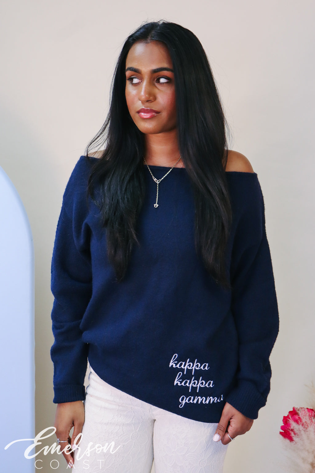 Kappa Navy Embroidered Off Shoulder Sweater