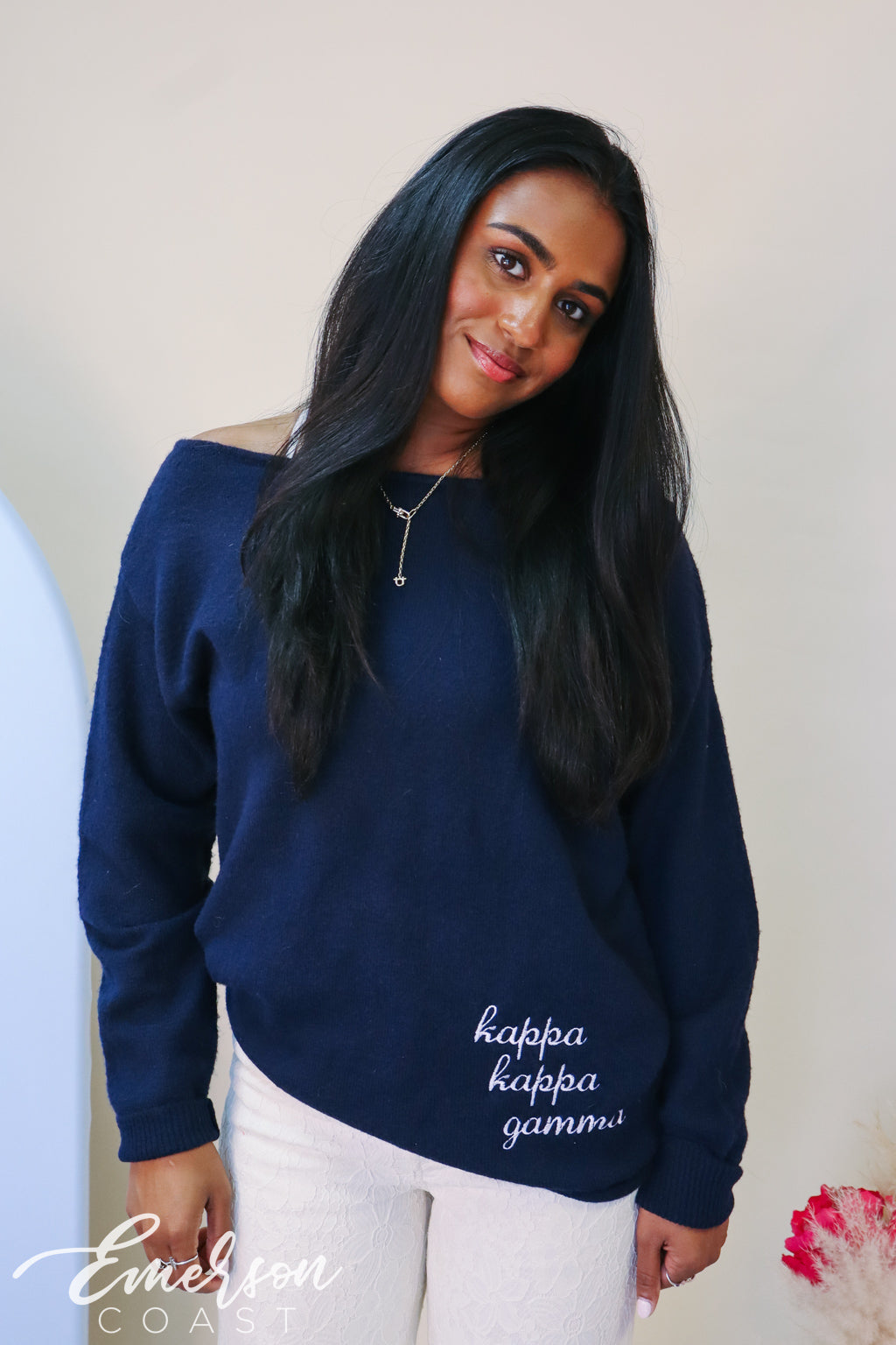Kappa Navy Embroidered Off Shoulder Sweater