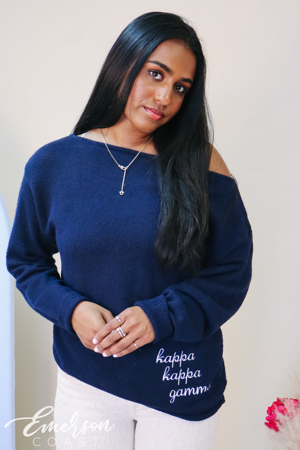 Kappa Navy Embroidered Off Shoulder Sweater