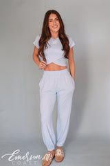 Blue Sorority Crossover Short Sleeve Top & Jogger Set