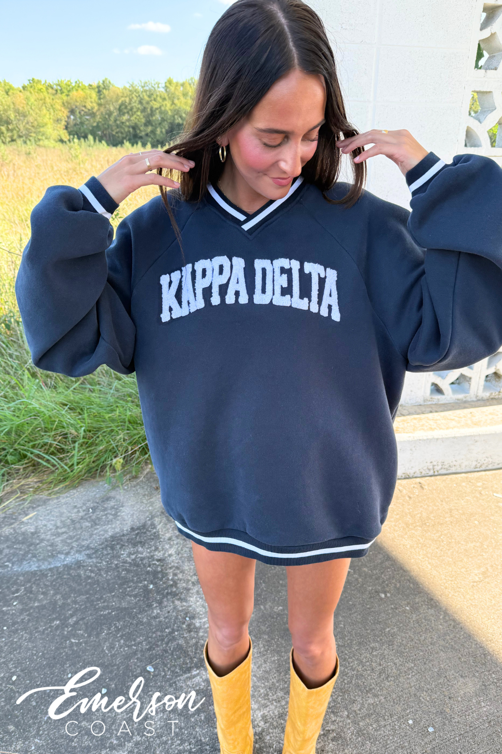 Kappa Delta Towel Embroidered Letterman Vneck