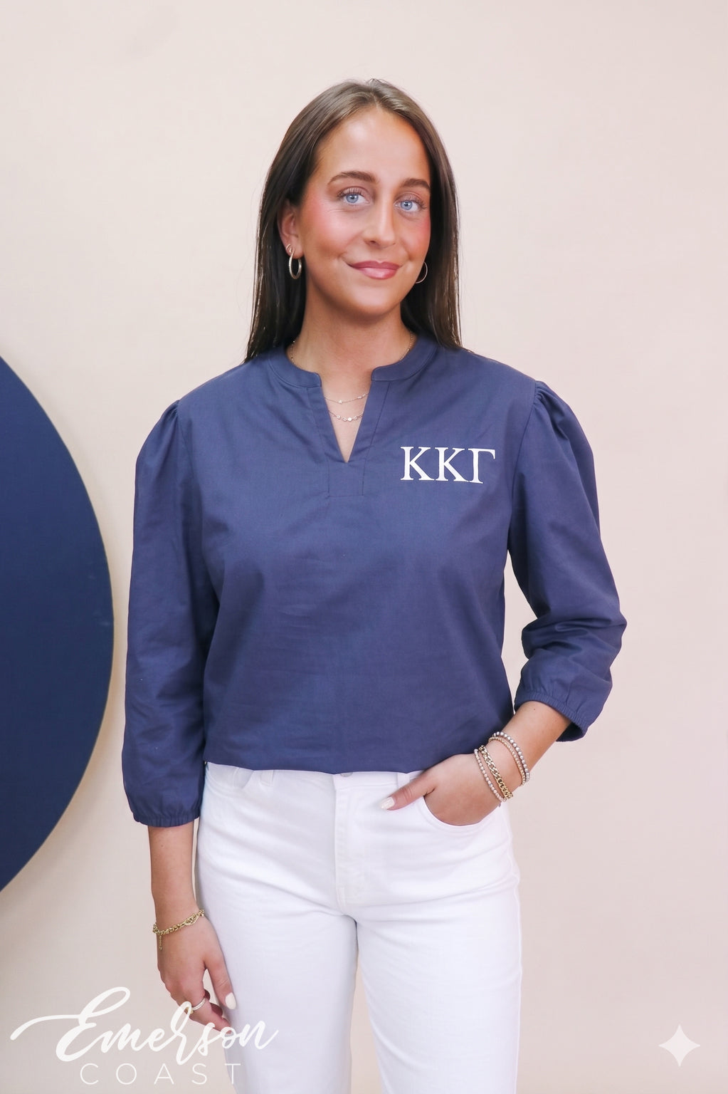 Kappa Embroidered Puff Sleeve Navy Blue Vneck Blouse