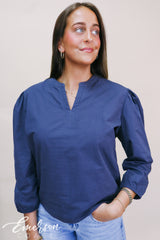 Kappa Embroidered Puff Sleeve Navy Blue Vneck Blouse