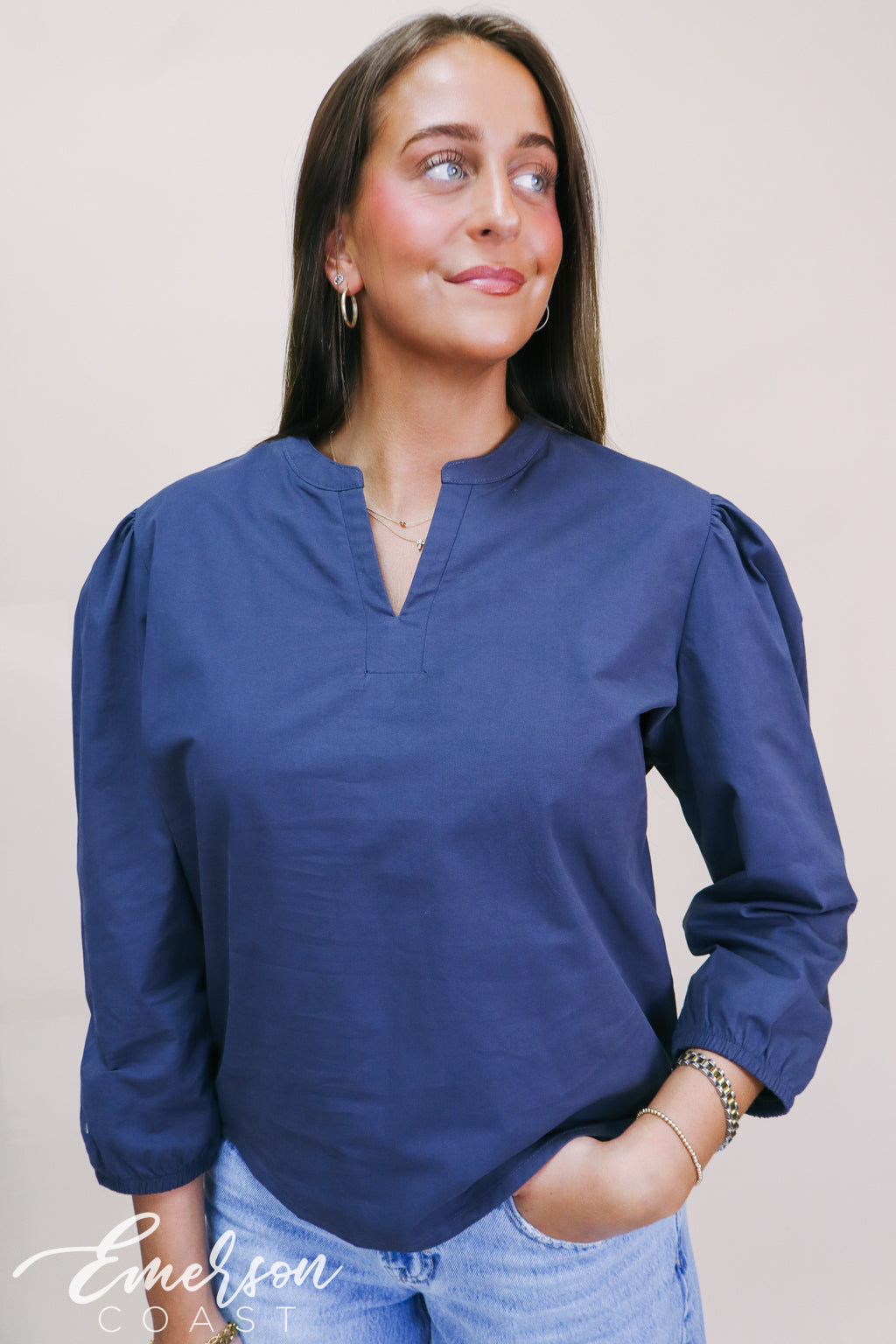 Kappa Embroidered Puff Sleeve Navy Blue Vneck Blouse