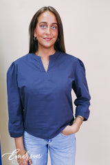 Kappa Embroidered Puff Sleeve Navy Blue Vneck Blouse