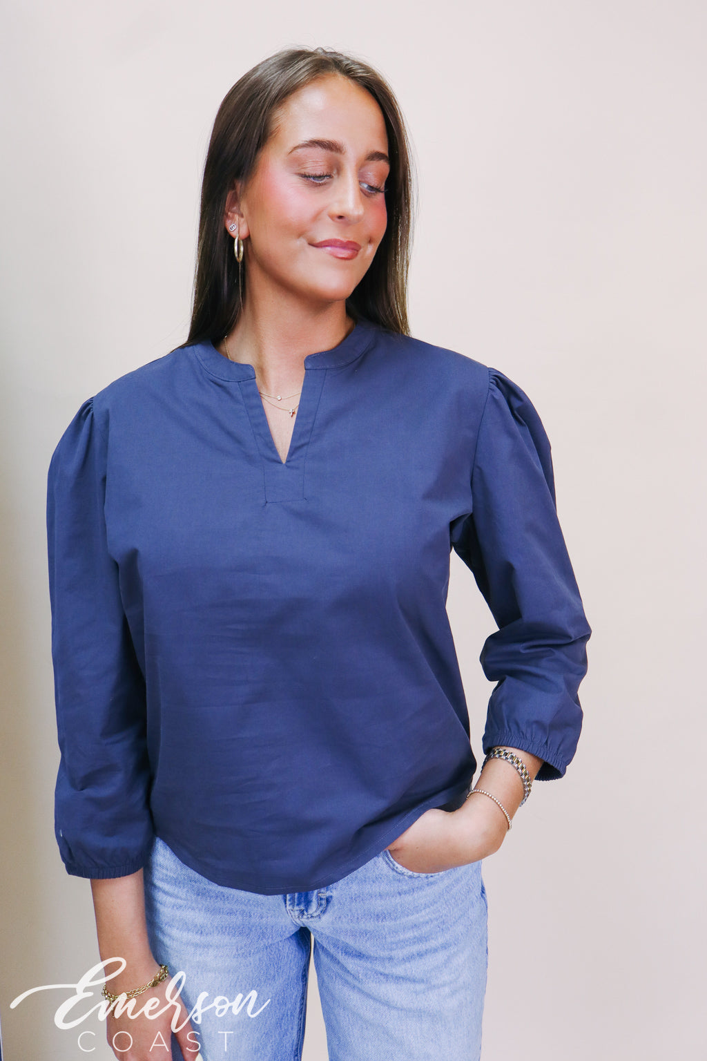 Kappa Embroidered Puff Sleeve Navy Blue Vneck Blouse
