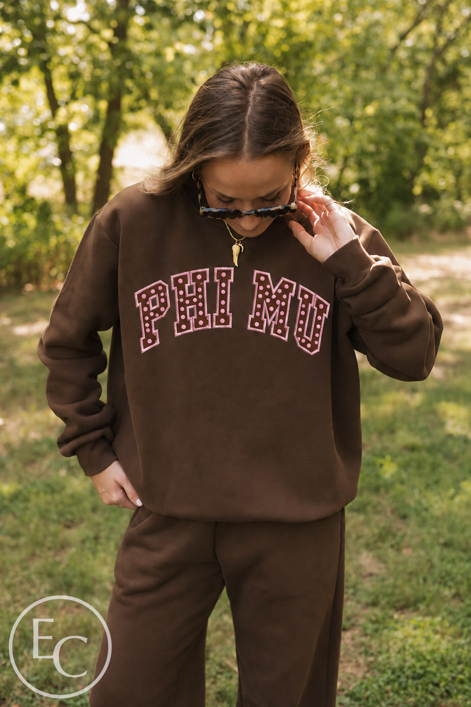 Phi Mu Pink Applique Chocolate Mockneck