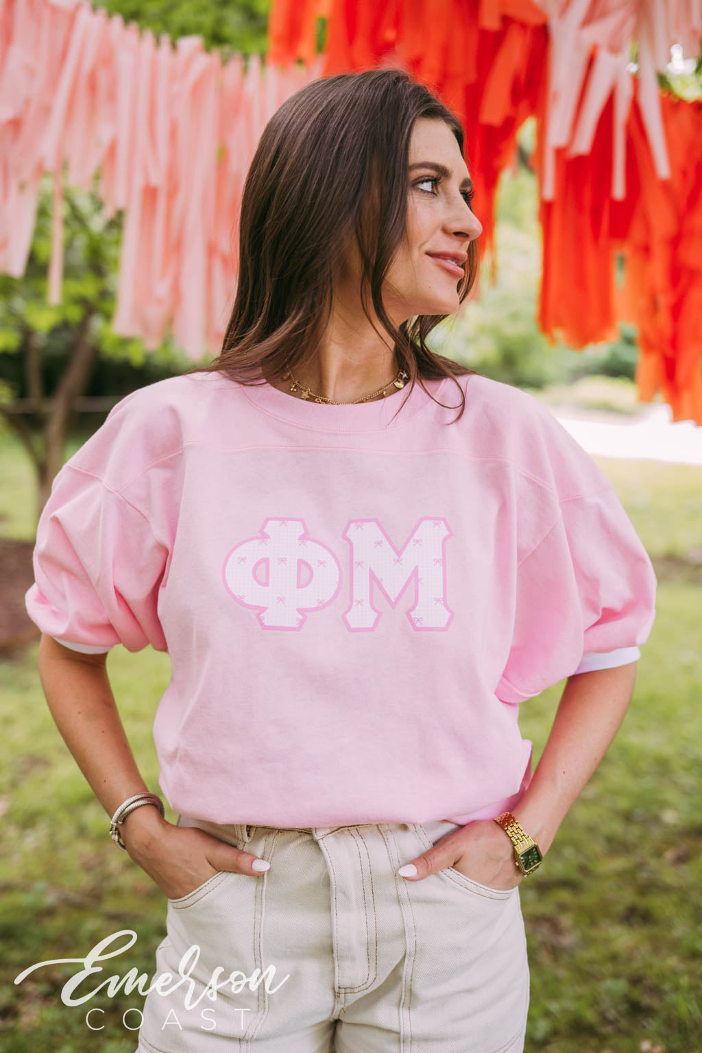 Phi Mu Pink Bow Gingham Letter Jersey