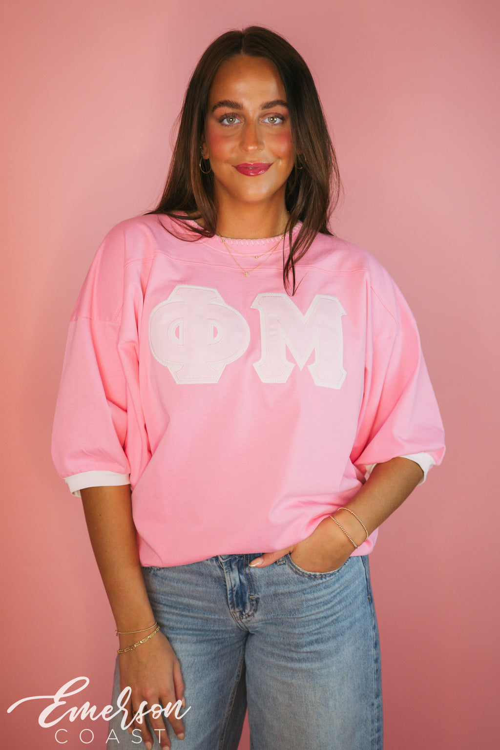 Phi Mu Hot Pink Contrast Stitch Collar Letter Jersey