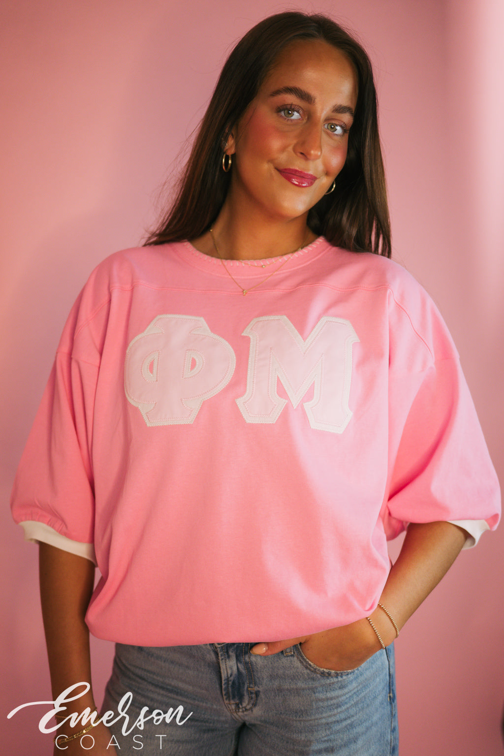 Phi Mu Hot Pink Contrast Stitch Collar Letter Jersey