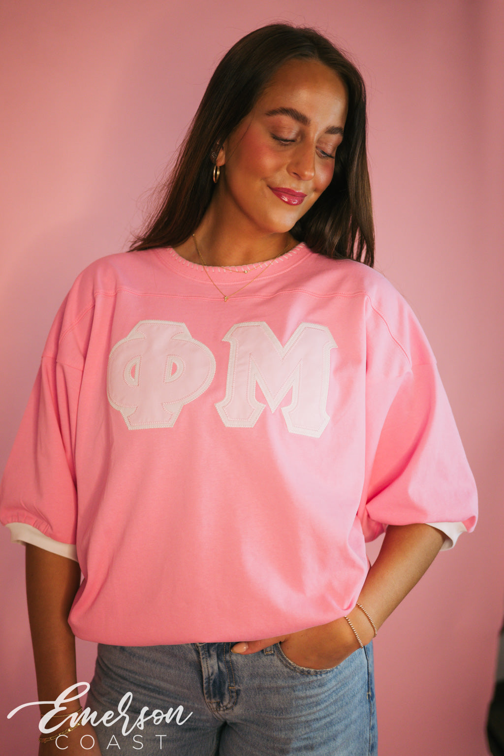 Phi Mu Hot Pink Contrast Stitch Collar Letter Jersey
