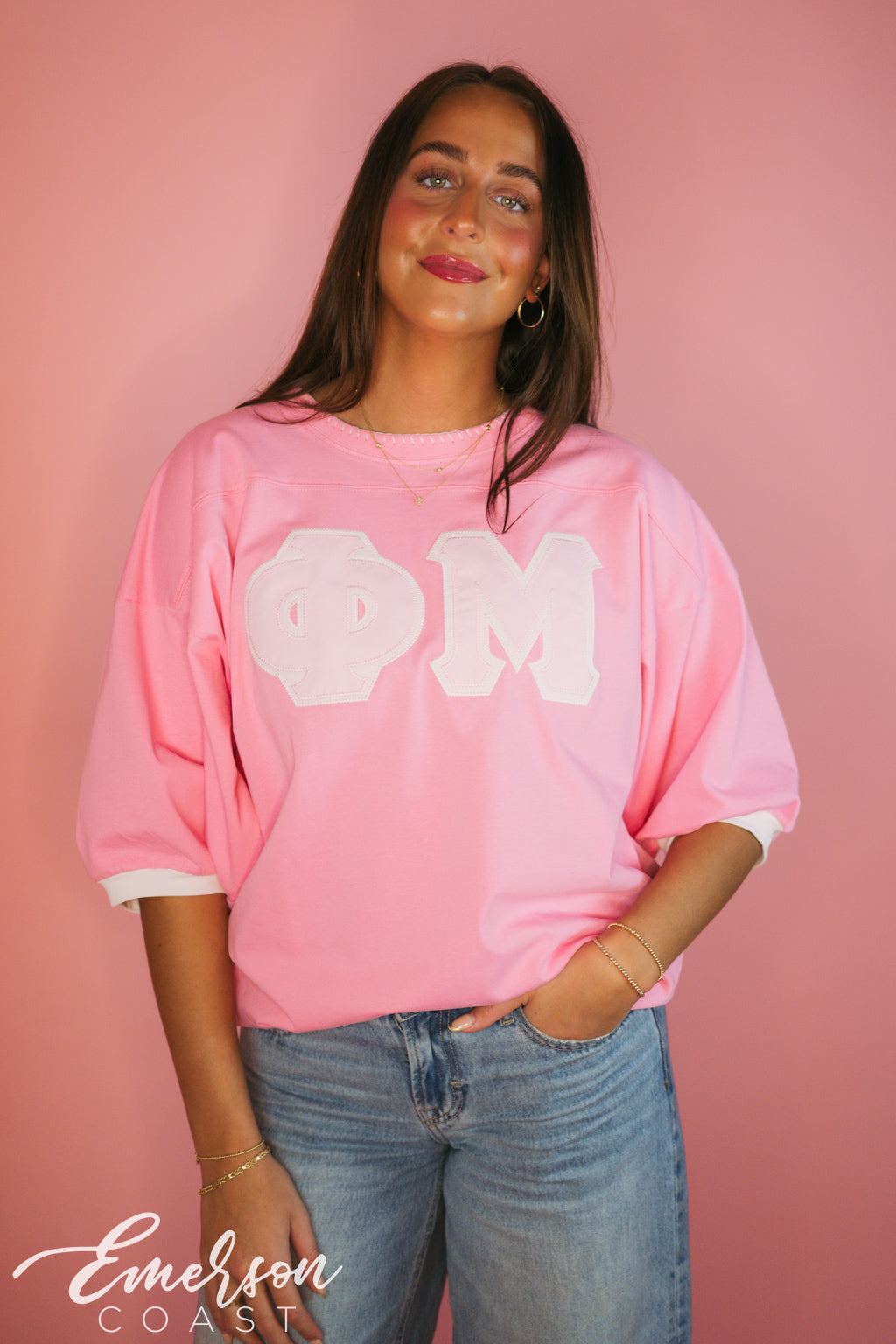Phi Mu Hot Pink Contrast Stitch Collar Letter Jersey