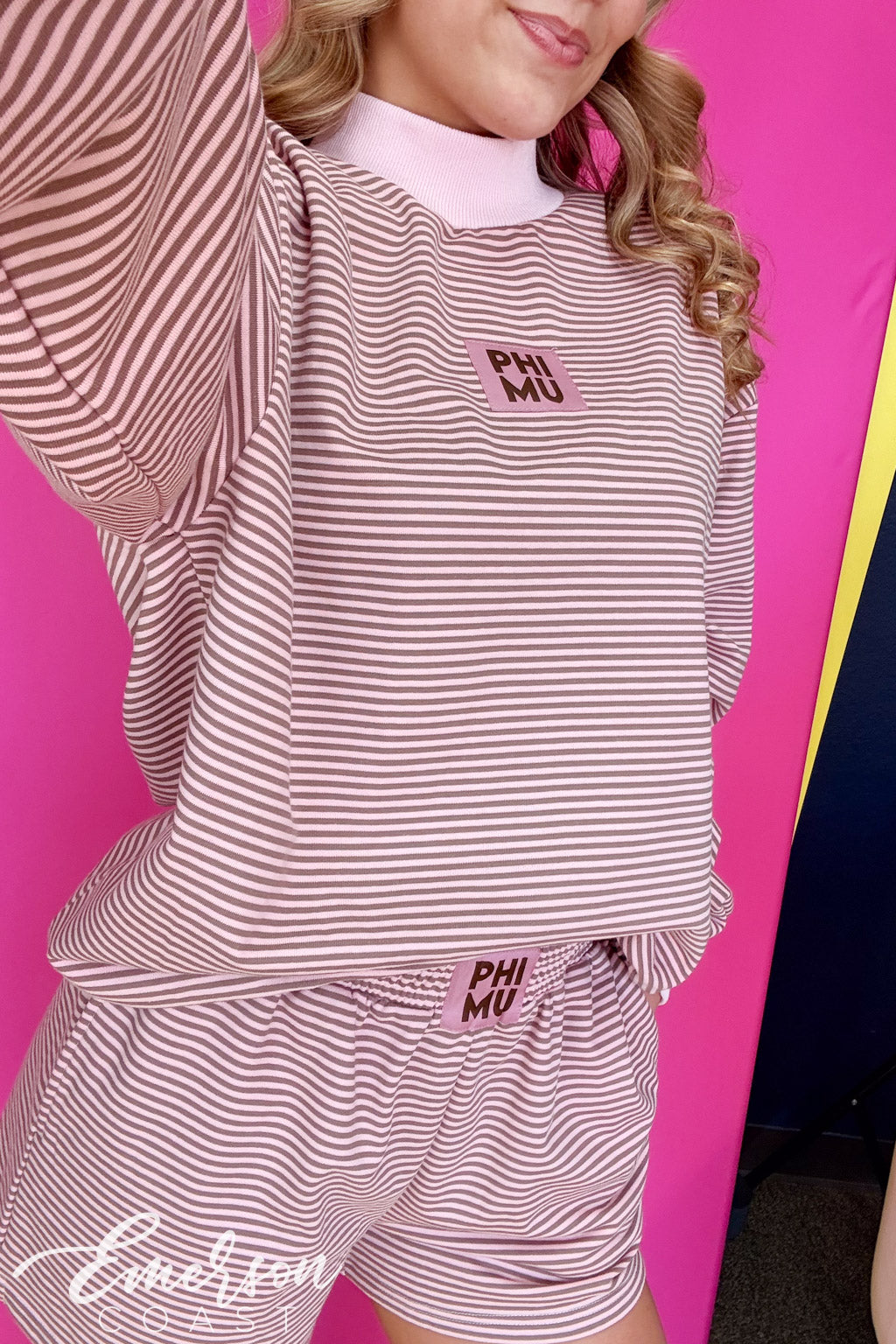 Phi Mu Light Pink & Brown Striped Patch Mock Neck Set