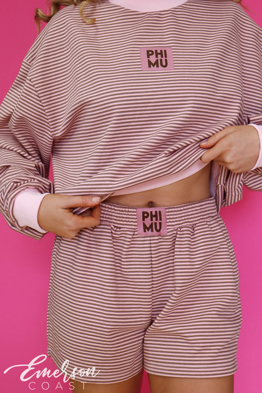 Phi Mu Light Pink & Brown Striped Patch Mock Neck Set