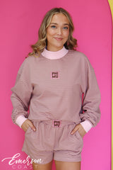 Phi Mu Light Pink & Brown Striped Patch Mock Neck Set