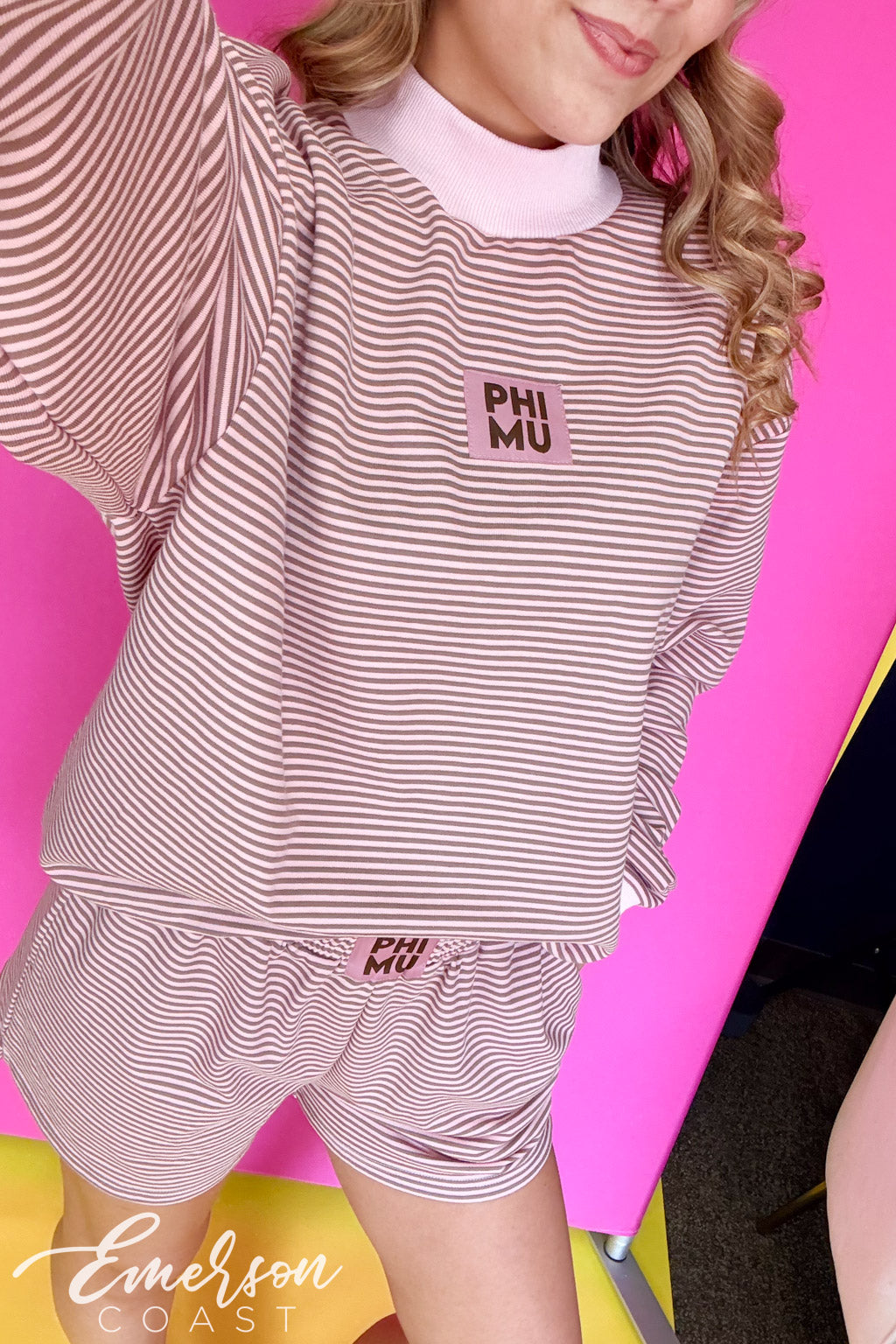 Phi Mu Light Pink & Brown Striped Patch Mock Neck Set
