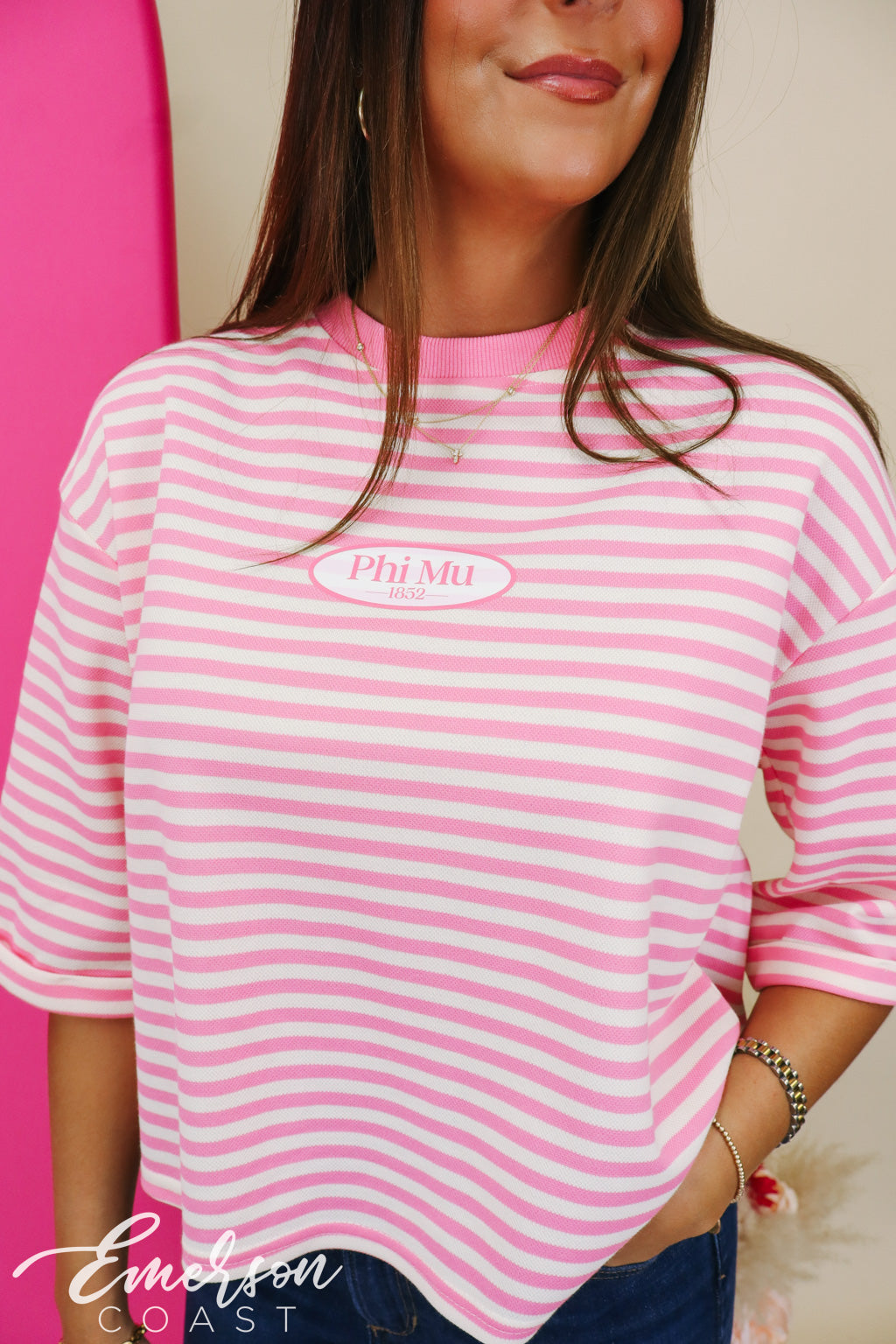 Phi Mu Pink Striped Tie-Back Top