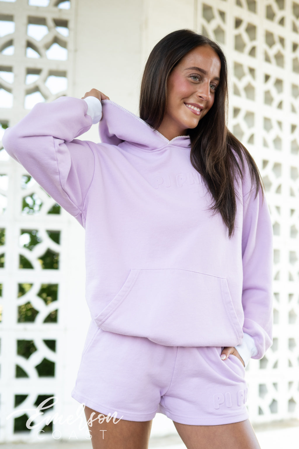 Pi Phi Embossed Lilac Hoodie and Shorts Set