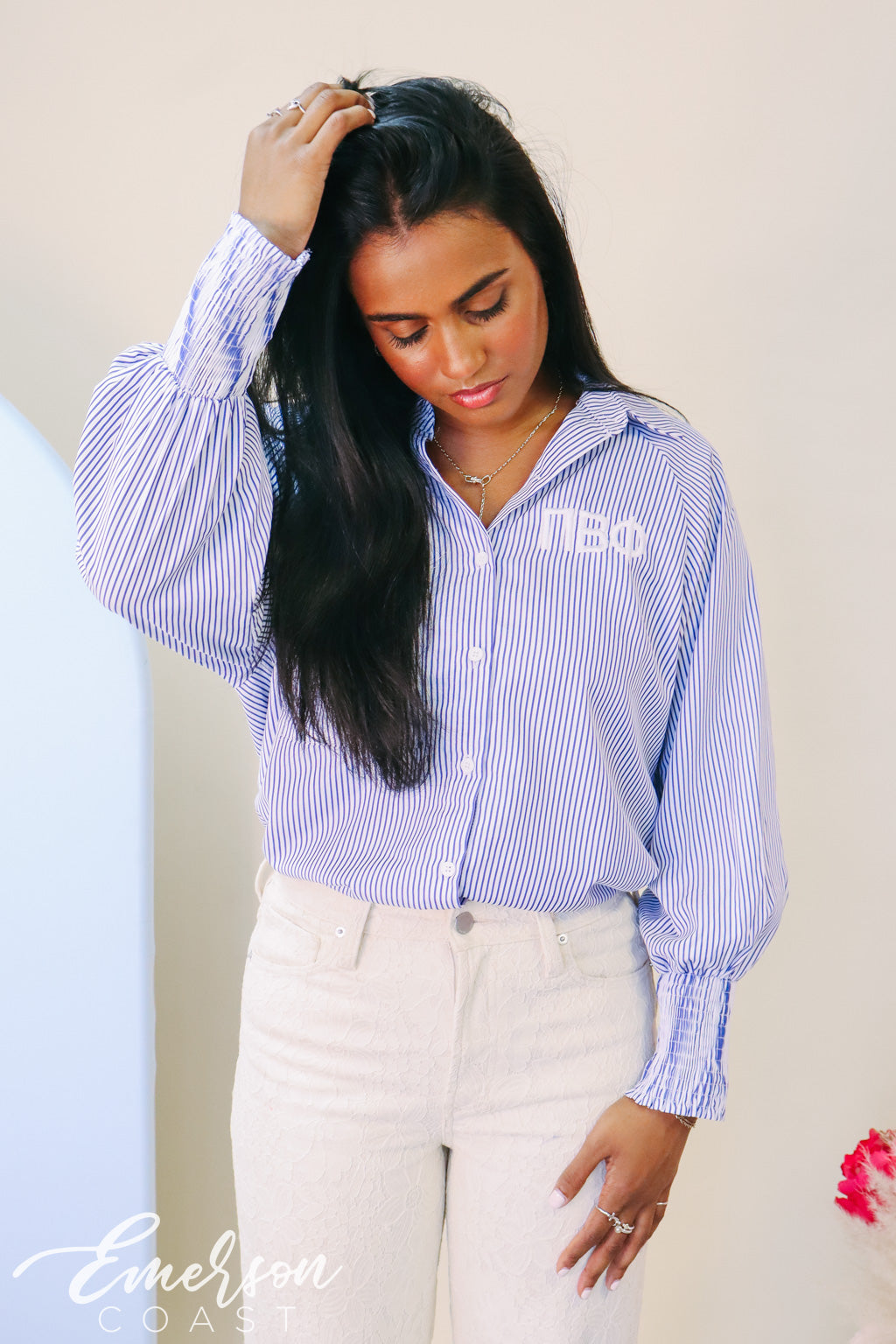 Pi Phi Smocked Cuffed Button Down
