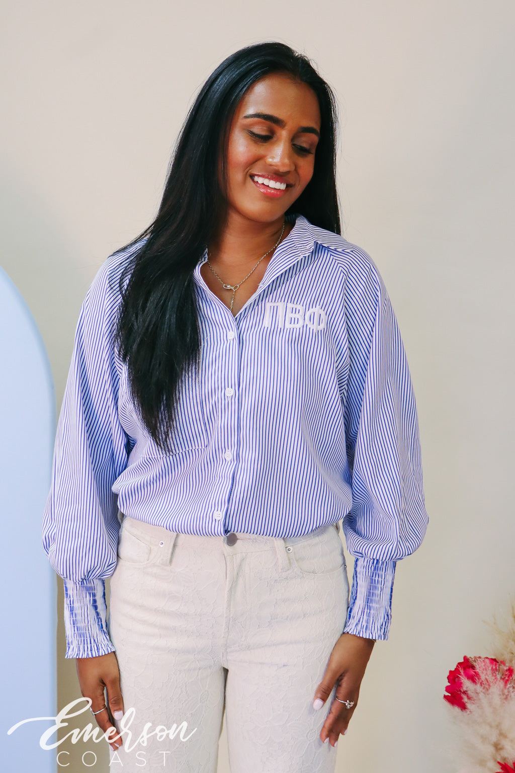 Pi Phi Smocked Cuffed Button Down