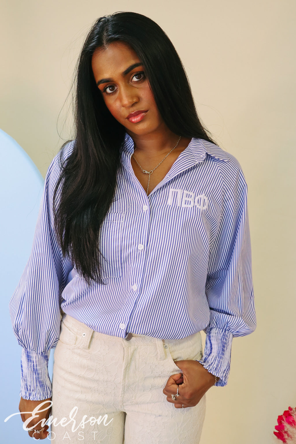 Pi Phi Smocked Cuffed Button Down