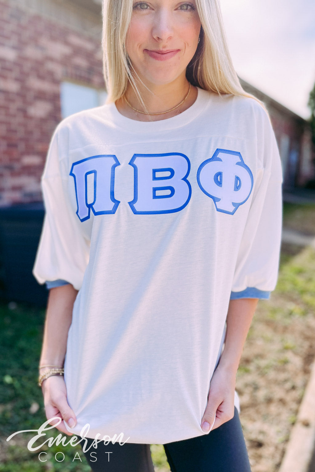 Pi Phi White and Blue Greek Letter Jersey