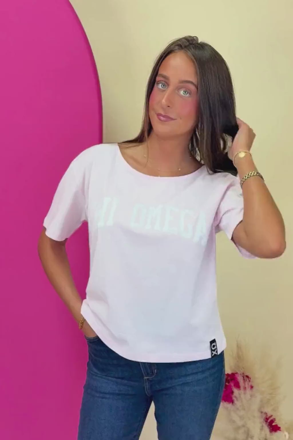 Chi Omega Light Pink Slouchy Tee with Hem Tag