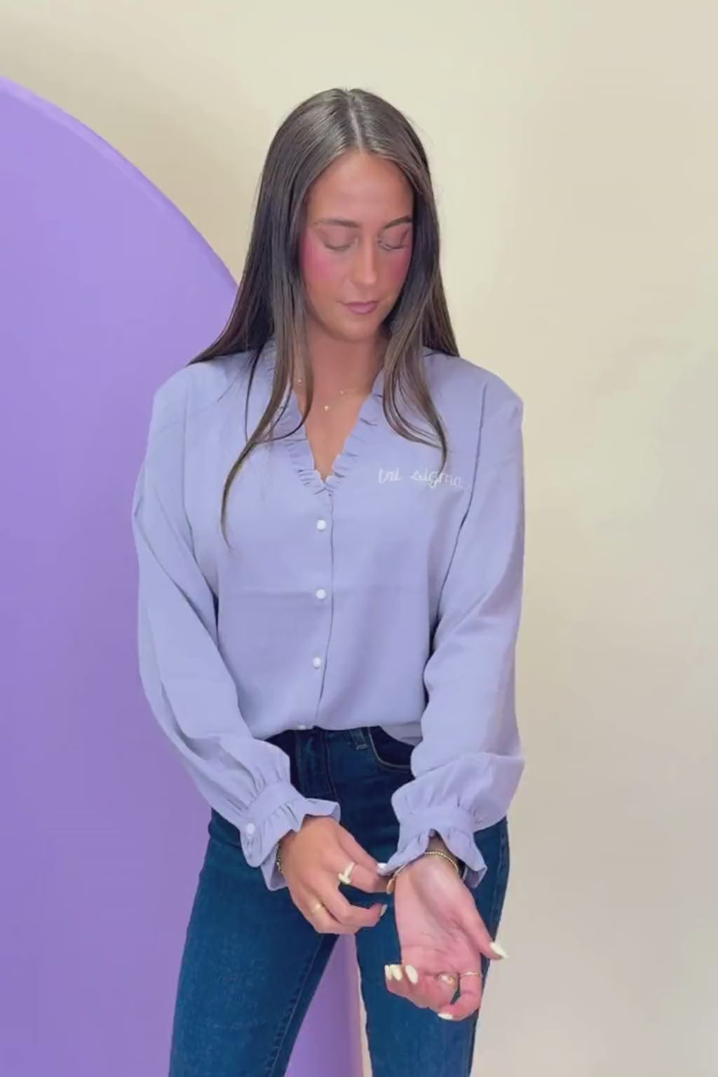 Tri Sigma Lavender Ruffle Button Down Shirt