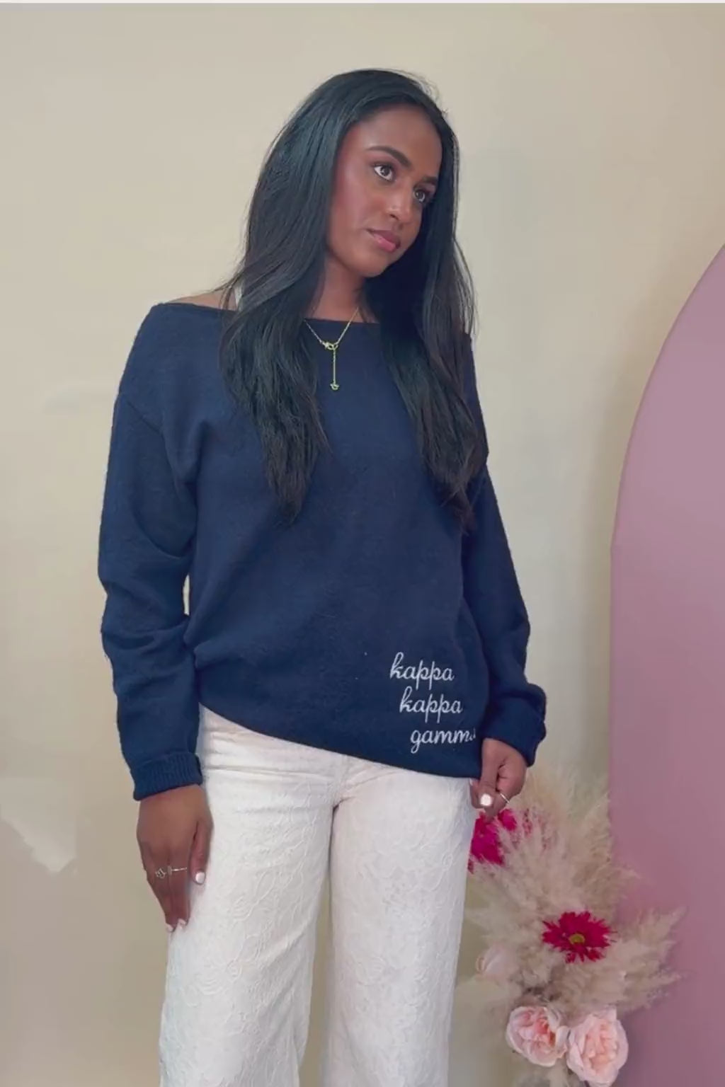 Kappa Navy Embroidered Off Shoulder Sweater